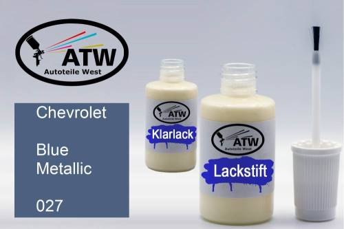 Chevrolet, Blue Metallic, 027: 20ml Lackstift + 20ml Klarlack - Set, von ATW Autoteile West.